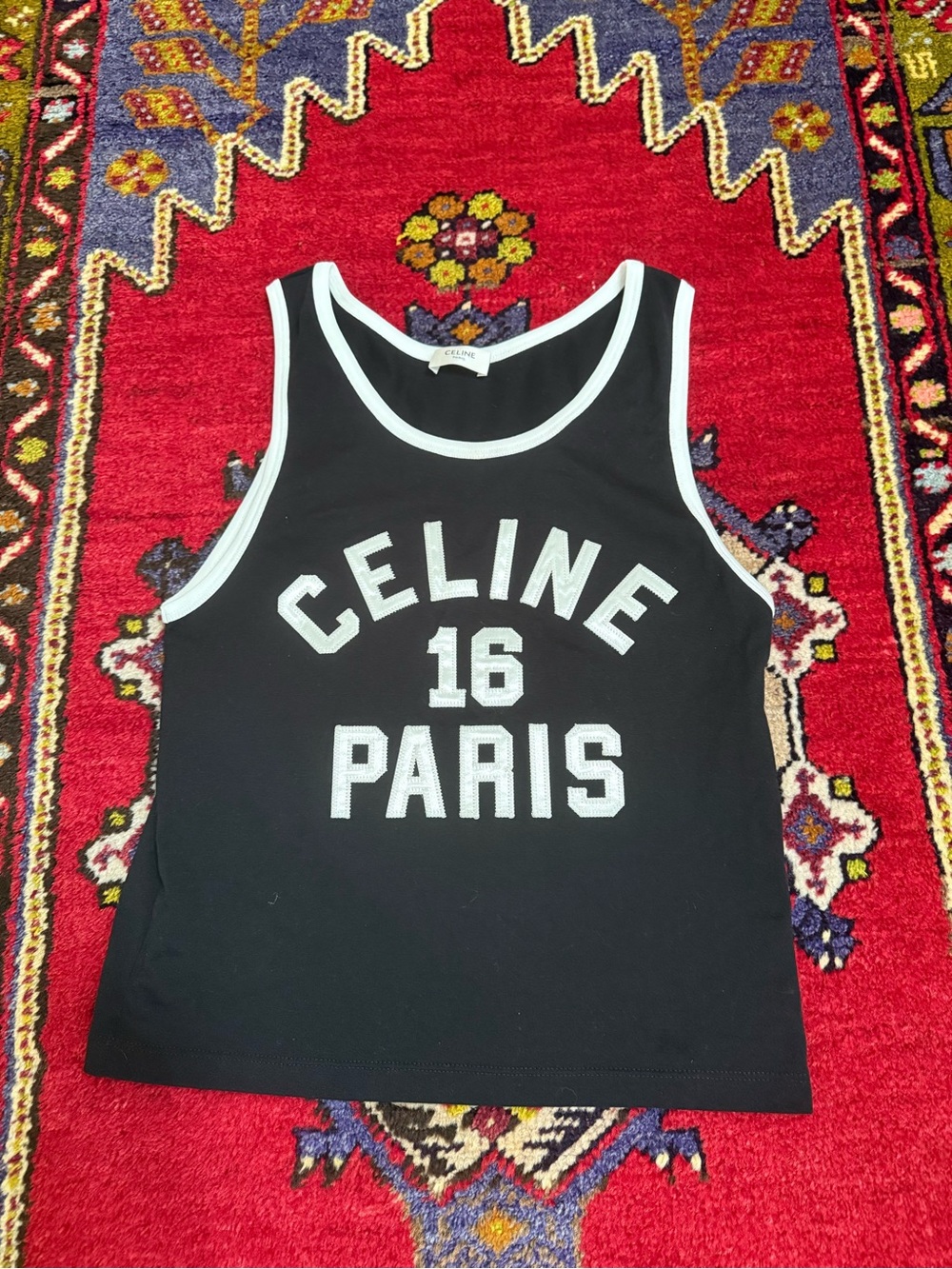 Celine Black Tank Top with White Trim and 'Celine 16 Paris' Print